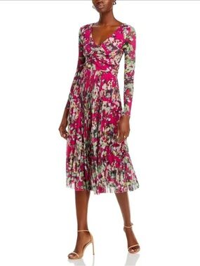 BOSS Erlissi Pink Artsy Floral Print Pleatea Pleated Long Sleeve Midi Dress XL